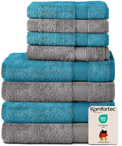Komfortec 8er Handtücher Set, 4 Badetücher 70x140 cm & 4 Handtücher 50x100 cm, 100% Baumwolle Frottee, Flauschig und Saugstark,Anthrazit/Türkis
