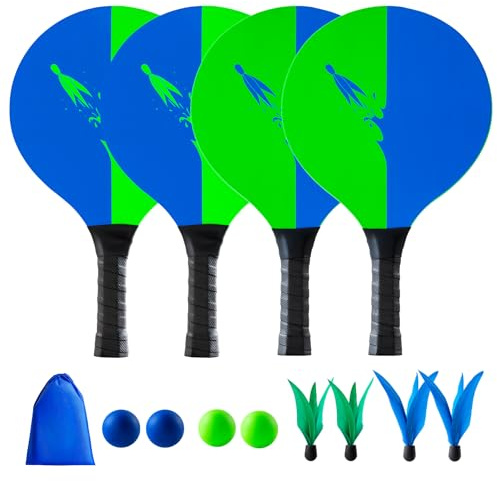 U&C Planet Beachball Set Paddle Ball Spiel Strandschlägerset aus Holz Schläger Spiel für Kinder&Familie 4 Schläger, 8 Bälle Spielzeug für Garten Strand Party