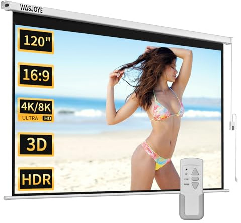 WASJOYE 120 Leinwand Beamer Elektrisch Diagonale Automatische Projektion 16:9 8K HD Filme Schirm für Heimkino Büro Videospiel Outdoor Indoor, Projector Screen W/Fernbedienung und Wand/Decke Mount
