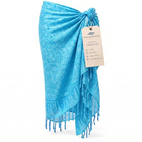 Wogeka Sarong – Blickdichtes luftiges Strandtuch in Blau Hellblau für Damen & Herren als Pareo Wickelrock Cover Up Strandkleid Wrap für den Strand 02