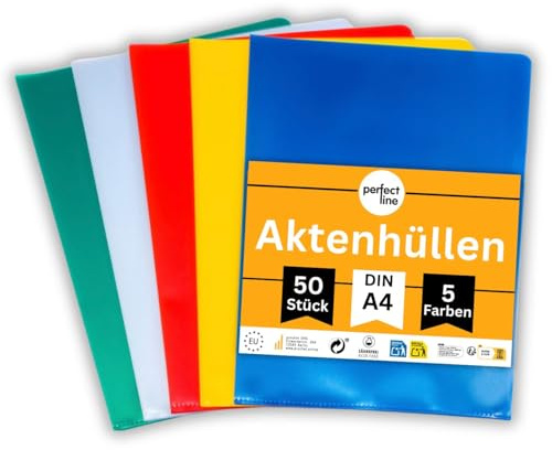 perfect line – 50 Aktenhüllen A4 farbig sortiert – genarbte Einsteckhüllen mit Öffnung oben & seitlich (Typ L), 5 Farben, 95 µ Folienstärke – dokumentenecht, säurefrei, reißfest, Made in EU