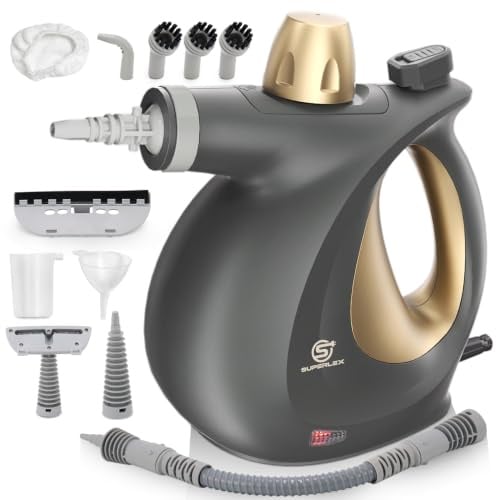 SUPERLEX Handdampfreiniger mit 11-teiligem Zubehör, Dampfreiniger Handgerät | 3,5 Bar Hochdruck, 1050W Chemiefreier Steam Cleaner mit 350ml Tank für Haushalt, Bad, Fliesen, Auto, Fenster & Polster