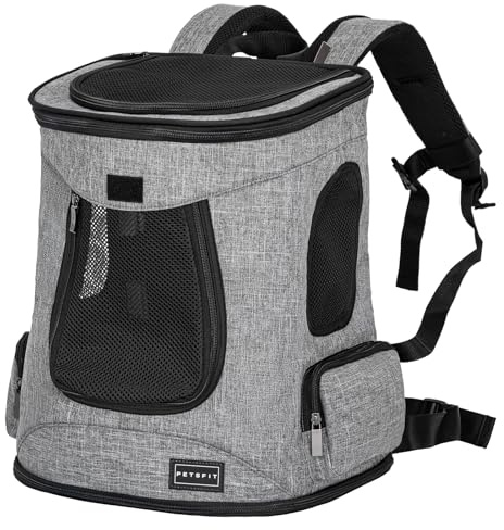 Petsfit Hunderucksack & Katzenrucksack für große Katzen bis 5kg - Leichter Katzen Rucksack mit Netzfenster, Brustgurt & Polster - Atmungsaktiver Rucksack für kleine Hunde, Grau