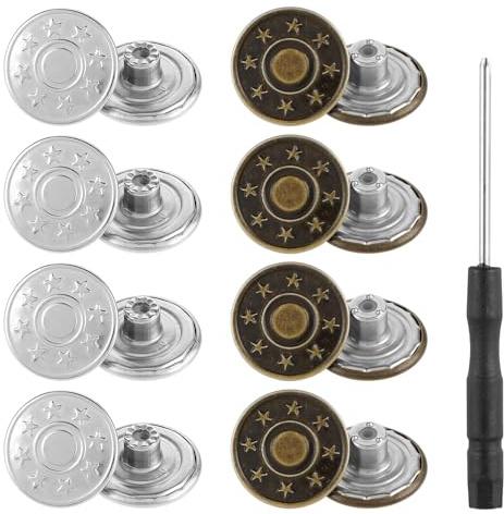 HJZHII 8 Stück 20 mm Verstellbare Ersatzknöpfe, Abnehmbare Metallknöpfe Jeansknöpfe Reparaturknöpfe Kombi Gewinde Nieten Schraubendreher für Cowboy Kleidung Jacken Hosen und Jeans