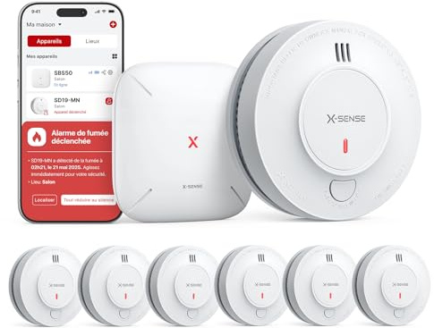 X-Sense Smart WLAN-Rauchmelder Feuermelder mit 10-Jahres-Batterie und SBS50 Basisstation, TÜV Rheinland Zertifiziert, photoelektrischer vernetzbarer Funk-Brandmelder, SD19-MN61, 6 Stück