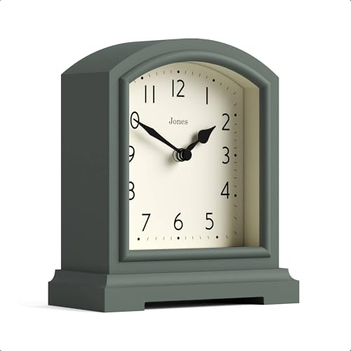 JONES CLOCKS® Tavern Kaminsimsuhr | Modernes bogendesign | Spargelgrün | Zeitgenössischer klassischer Stil für Schreibtisch, Tisch, Regal oder nachttisch