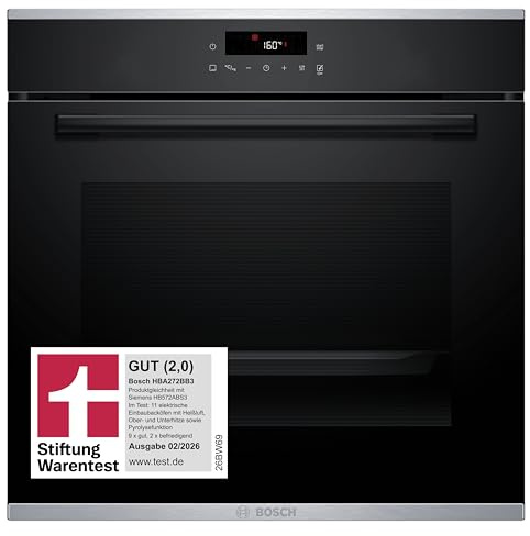 Bosch HBA272BB3, Stiftung Warentest GUT (2,0)*, Serie 4 Einbau-Backofen 60 x 60 cm, Pyrolyse-Selbstreinigung & Hydrolyse, LED Touch Control, 3D-Heißluft, 10 Automatikprogramme, Schnellaufheizung