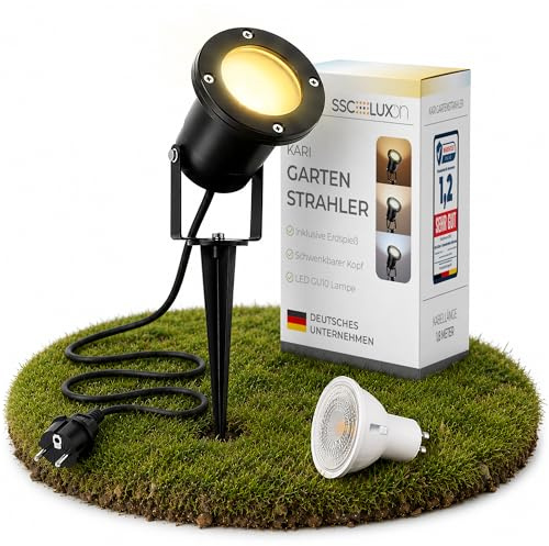 SSC-LUXon KARI Gartenstrahler mit Erdspieß schwarz IP65 mit LED GU10 3W | Gartenspot für Wege, Garten & Terrasse - schwenkbarer Kopf, wetterfestes Alu, Zuleitung 1,8m mit Stecker, 3 Lichtfarben