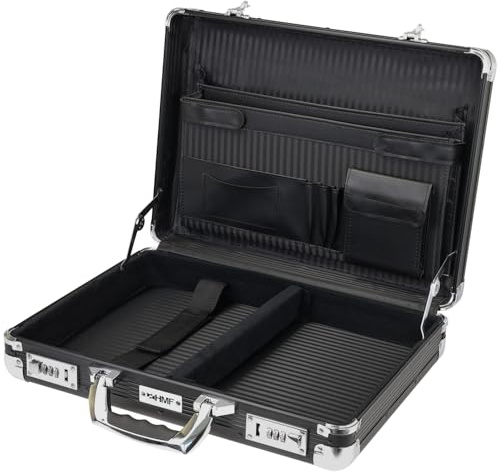 HMF Alu Aktenkoffer für Laptop bis 17,3 Zoll, Businesskoffer Herren mit Zahlenschloss, gepolstertem Laptopfach und Organizer im Deckel | 45 x 33 x 11 cm | Schwarz