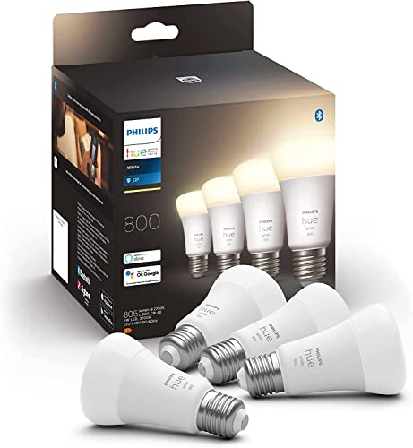 Philips Hue E27 LED Lampe, 4er Pack | White, Warmweißes Licht, 800 lm, Dimmbar, Leuchtmittel für das Hue Lichtsystem, App- und Sprachsteuerung, Smart Home