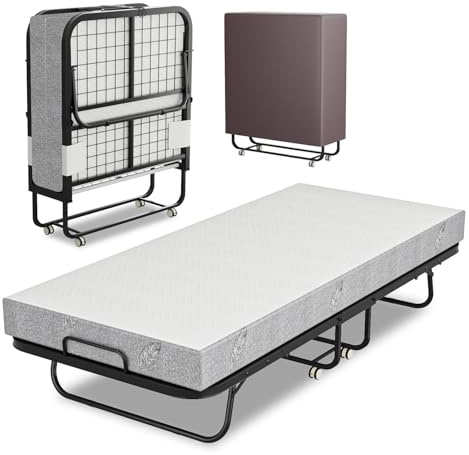 Eulenke Klappbett 90x200 cm Erwachsene Gästebett Klappbar Mit 13 cm Dicker Matratze, Faltbare Metallbett Mit Rollen, Reisebett bis 150 kg Belastbar für Schlafzimmer Wohnzimmer Büro