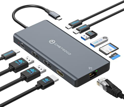 JCYMELE Dockingstation Laptop 3 Monitore 12-in-1 USB C Docking Station für 4K@60Hz Triple or 4K@120Hz Dual Display mit Single 4K HDMI, Double 4K Displayport, 100WPD, 10Gbps USB, Gigabit-Ethernet