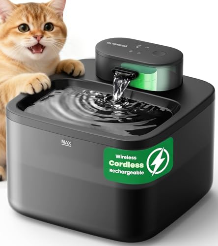 oneisall katzenbrunnen kabellos, 2.2 L trinkbrunnen für Katze kabellos mit bewegungsmelder, 20 dB ultraleise integrierte SilentFlow™-Pumpe, batteriebetrieben für Katzen, leicht zu reinigen, Schwarz