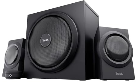 Trust Yuri 2.1 PC Lautsprecher mit Subwoofer, 120W Spitzenleistung, Subwoofer aus Holz mit einem Starken 5,25 Zoll-Basstreiber, Lautstärkeregelung mit Kopfhörer- und Line-In-Anschluss, Schwarz