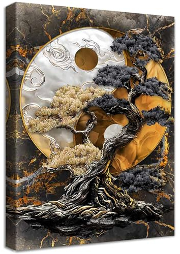 Qian Kun Yin Yang Baum Leinwand Bilder Mit Rahmen Schwarz Braun Silber Marmor Kamee Wandbilder Wandkunst Bild auf Leinwand Malerei Korridor Wohnzimmer Schlafzimmer Badezimmer Wanddekor 40x60cm