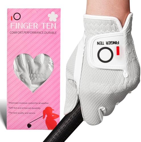 FINGER TEN Damen-Golfhandschuhe, Rechtshänder, Linke Hand, 1 Stück, Golfhandschuhe, Regengriff, heiß, nass, Allwetter-Netzgewebe für Mädchen, Damen, S, M, L (Weiß, X-Small (Worn On Links Hand))
