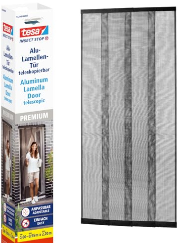 tesa INSECT STOP Aluminium Lamellen Vorhang Premium - teleskopierbarer Insektenschutzvorhang - für Balkon- und Terrassentüren - einfache Montage ohne Bohren - 95 x 220 cm - Anthrazit (Durchsichtig)