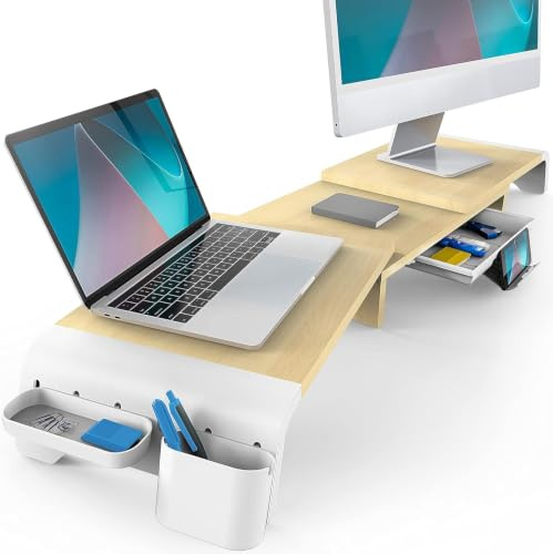 Fenge Monitorständer,längenverstellbar,(74-107) x23.5x8.9cm,Buchefarben | bildschirmerhöhung 2 monitore，Dual Monitorständer Mit Schublade und Stiftfach、Telefonhalter，Tragfähigkeit 25kg
