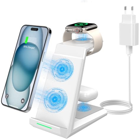 3 in 1 Ladestation Apple Watch und iPhone, ADADPU induktive Ladestation mehrere Geräte für iPhone 17 16 15 14 13 12 Series, iPhone Ladestation mit 20W PD Adapter für Apple Watch & AirPods 4