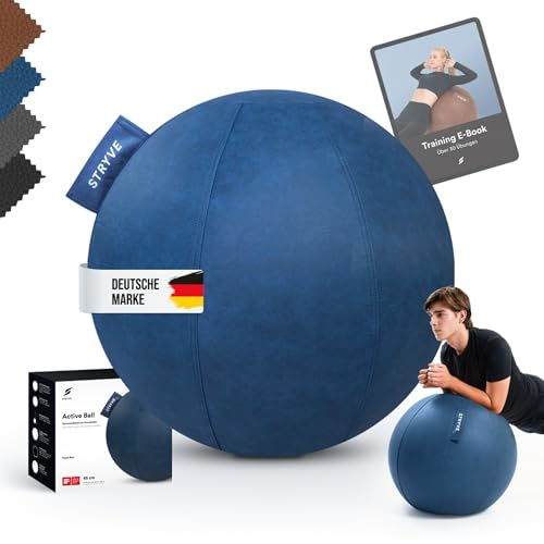 STRYVE Sitzball Büro 65,70cm - Ergonomischer Gymnastikball mit waschbarem Bezug und Wegrollschutz, inkl. Luftpumpe - Belastbar bis 150kg - Als Bürostuhl, Hocker