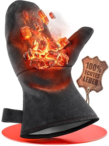 achilles Kaminhandschuh, Entspricht Norm EN407, Mit Thermoisolierung, Ofenhandschuh aus Leder, Schutzhandschuh feuerfest, Grillhandschuh, hitzebeständiger Leder Handschuh, schwarz