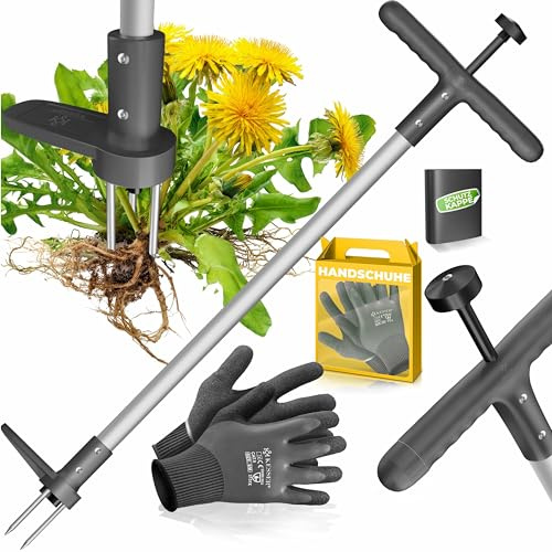 KESSER® Unkrautstecher mit Stiel | Unkrautentferner mit T-Griff & Fußpedal | Gartenwerkzeug effizientes Entfernen von Unkraut 3 Stahlzähne & Sprungfeder | Wurzelentferner mit Handschuhe & Schutzkappe