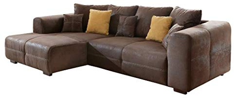 Cavadore Ecksofa Mavericco / Polster Eck-Couch mit Kissen / In Antik-Leder-Optik mit nussbaumfarbenen Holzfüßen / Longchair links / Größe: 285 x 69 x 170 (BxHxT) / Mikrofaser Braun