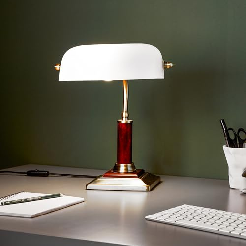 Lightbox Bankerlampe mit schwenkbarem Kopf & Wipp-Schalter | 34 cm Höhe | | stilvolle Bankerlampe - Schreibtischlampe mit schwenkbarem Kopf und Schalter - Glas/Metall/Holz - 34cm Höhe