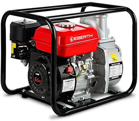 EBERTH 6,5PS Wasserpumpe mit 60.000l/h und 30m Förderhöhe, 3 Zoll Anschluss, Gartenpumpe Schmutzwasserpumpe mit 4-Takt-Motor und 7m Ansaughöhe, Benzin Pumpe, Seilzugstart, Metallfuß, Tragegriff