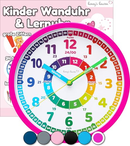 Honey's Heaven Wanduhr für Kinder - Lernuhr zum Lernen der Uhrzeit - analoge Kinderuhr ohne Tick Geräusche, mit lautlosem Uhrwerk - Kinderzimmer Deko für Jungen und Mädchen (Pink/Magenta)