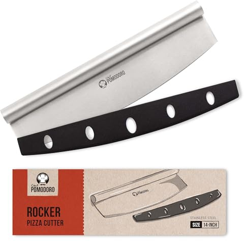Chef Pomodoro Pizzaschneider – Pizzamesser – Pizza Schneider aus Edelstahl – Nützlicher als Pizzaroller – Pizza Cutter mit Klingenschutz – Pizza Wiegemesser - Scharfe Edelstahl Klinge 35,5 cm