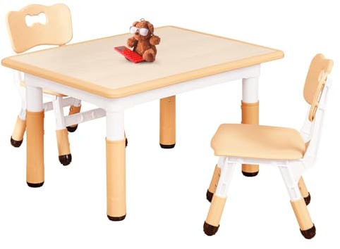 FUNLIO Kinderzimmertisch & -stuhlsets, höhenverstellbar für Kinder im Alter von 3-8 Jahren, leicht abwischbarer Kunsttisch, für Innen- und Außenbereich, CPC-geprüft (3-teilig) - Rechteck-Natur