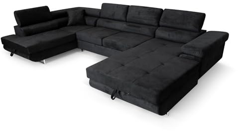 SOFILAND Ecksofa Aller U XXL-Ecksofa mit Schlaffunktion und Zwei Bettkästen in Grau, Linke Seite (Schwarz)