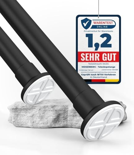 MEISENBERG Gardinenstange ohne Bohren 210-260cm, Ø32mm Matt Schwarz belastbare Klemmstange zum Ausziehen - Vorhangstange, Teleskopstange - für ihre Gardinen, Trennwand und Balkon