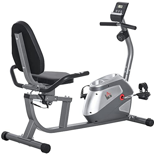 HOMCOM Liegeergometer mit LCD-Anzeige 8 stufig einstellbarem Magnetwiderstand Liegefahrrad Heimtrainer mit Herzfrequenzsensoren, verstellbarer Rückenlehne, Sitzergometer für Senioren bis 110 kg