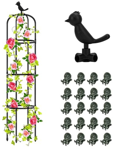 Hysagtek Rankhilfe Garten,145cm Obelisk Rankhilfe Brombeeren für Pflanzen Rankhilfe Rosen,Abnehmbar Glasfaser Rankturm mit 20 Stück Pflanzenklammer für Rosen Blumen und Tomaten Kletterpflanzen