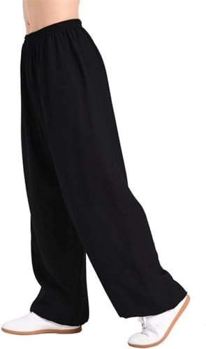 Wttagkl Unisex Kung Fu Hose mit 4-Wege-Stretch - Atmungsaktive Martial Arts Hose für Tai Chi, Yoga, Jogging - Hohe Taille & Beinöffnung (Damen & Herren),Schwarz-XL