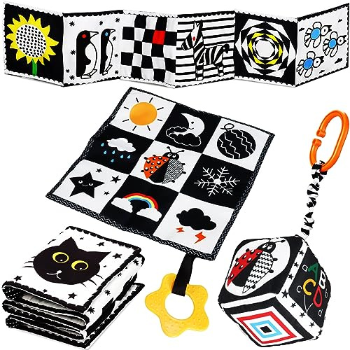 Jiosdo Baby Spielzeug 0-3 Monate, 3STK Kontrast Spielzeug Baby Schwarz Weiß | Kontrastbuch, Kinderwagen Spielzeug, Babyspielzeug Geschenksets 0 3 6 12 Monate, Stoffbuch Knistertuch Würfel
