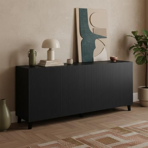 Bellamio Tana Kommode schwarz – Sideboard Wohnzimmer 185cm lang geriffelt – TV Schrank mit 8 Fächern – Kommodenschrank mit strukturierter Front – Wohnzimmerschrank Holz 40cm tief – Flur/Schlafzimmer