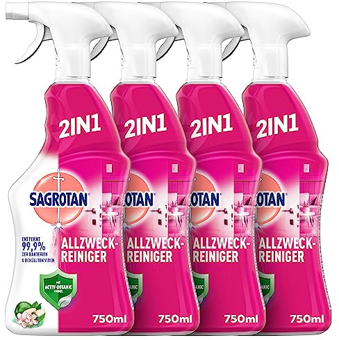 Sagrotan Allzweck-Reiniger Blütenfrische & Grüner Apfel – 2in1 Desinfektionsreiniger für die zuverlässige Reinigung von Oberflächen – 4 x 750 ml Sprühflasche