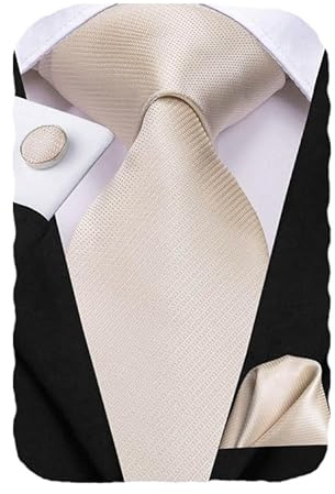 Hi-Tie Herren Seiden Krawatte Set Champagner Hochzeit Krawatte mit Einstecktuch Manschettenknöpfe Geschäftliche Anlässe