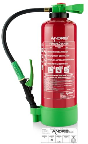 Aufladefeuerlöscher fluorfrei 6L ABF Schaum ANDRIS® (Fettbrand), 27A 144B 25F, EN 3 inkl. Wandhalterung, Standfuß & Orig. ANDRIS® Prüfnachweis für 2 Jahre