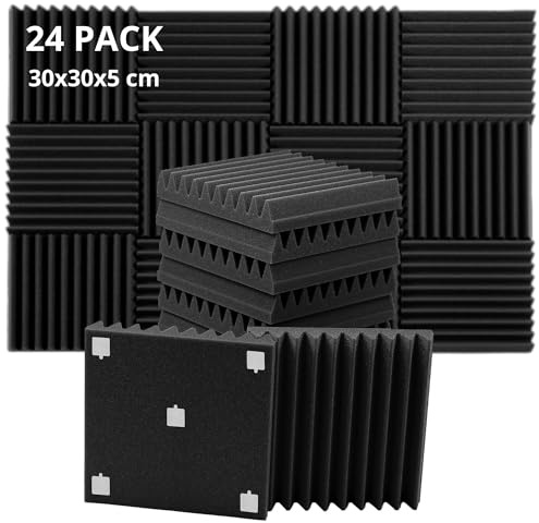ROVSON Akustikschaumstoff, 24 Stück Akustikpaneele, 30x30x5cm, Hochdichte Schallabsorber Wand, Schallabsorber, Schalldämmung für Tonstudio, Anthrazit-Grau, Enthält Klebstoffe