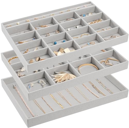 ProCase Schmucktabletts Organizer, 3-teiliges Set Schmuckeinsatz für Schubladen, Schmucktablett Stapelbar Schmuck Organizer Schublade für Ohrstecker, Ohrringe, Armbänder, Ringe, Uhren -Grau