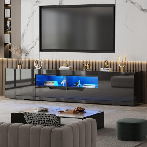 LSLIFE 200zm TV-Schrank mit Stauraum Weiß/Schwarz Hochglanz TV-Möbel mit LED-Leuchten Modernes Entertainment-Möbel für Wohnzimmer Schlafzimmer für bis zu 75-Zoll-Fernseher (schwarz)