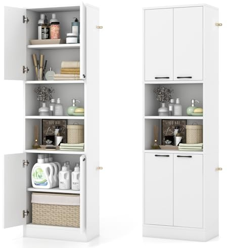 GIANTEX Badschrank Hochschrank, Badezimmerschrank 190 cm Hoch, Badkommode Aufbewahrungsschrank 6 Regalen & 4 Türen, Mehrzweckschrank Sideboard Küchenschrank Vorratsschrank 56x30x190 cm (Weiß)