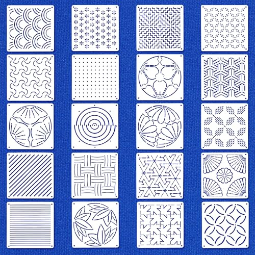 Quilax 20 Stück Sashiko Schablonen Set,13 × 13cm Kunststoff Sashiko Schablonenset,Geometrischer Stickstabilisatoren,für Handquilten und Nähen,Geometrische Muster