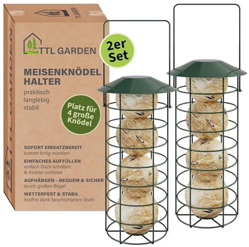 TTL Garden 2er Set 31cm Meisenknödelhalter mit Dach - rund Ø 8cm Stahl grün | - Meisenknödel Halter für Wildvögel pulverbeschichtet & rostfrei - Futterstelle Vogelfutterspender für Garten Balkon Terrasse