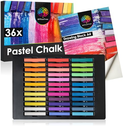 OfficeTree Pastellkreide Set - 36 Stück Malkreide für Papier - Künstler Kreide inkl. Zeichenblock - Pastell Kreide in intensiven Farben - Soft Pastellkreide für den Künstlerbedarf