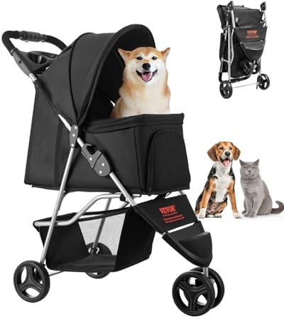 Hundewagen, Tragkraft 16 kg, faltbarer Tierbuggy, Katzenwagen mit 3 Rädern, Netzfenstern & Getränkehaltern, Hundebuggy mit Bremse, für kleine bis mittelgroße Haustiere